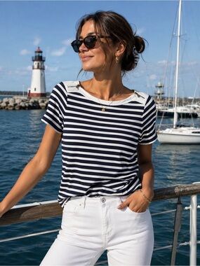Lauren Ralph Lauren Nautical Navy White Striped Women's Nautical Short Sleeve T